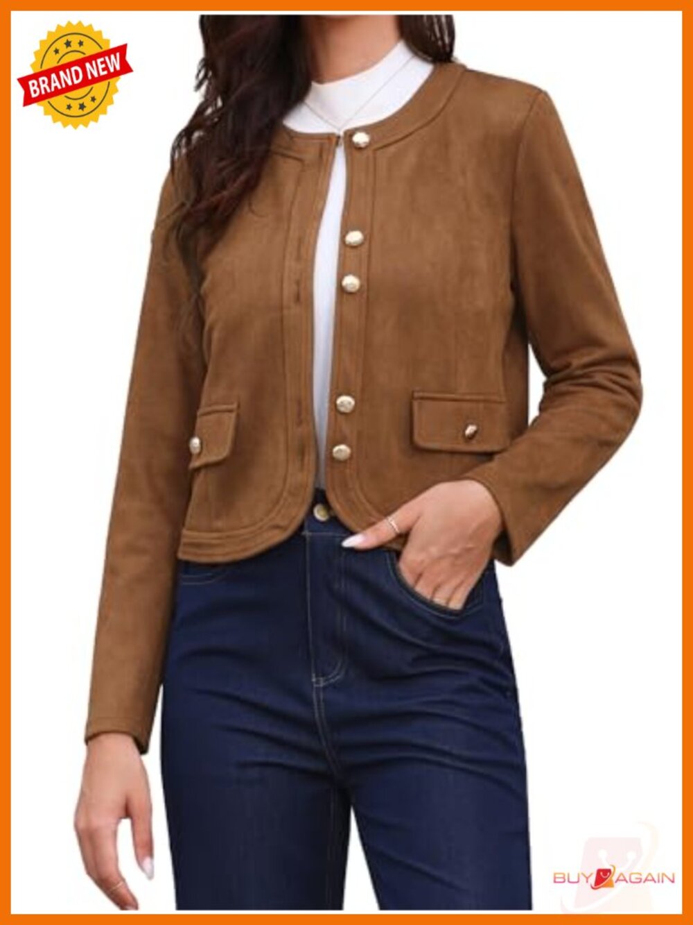 Faux Suede Cropped Jacket Collarless Button Down Casual Outerwear